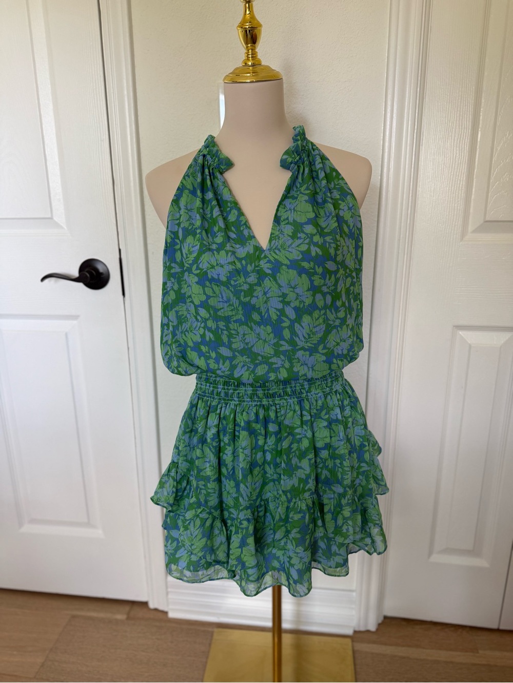 Ramy Brook Green Blue Floral Halter Smocked Tiered Mini Dress